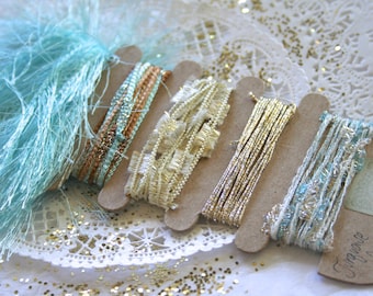 Aqua Turquoise Gold Fiber & Ribbon Bundle: Mixed Media Supplies