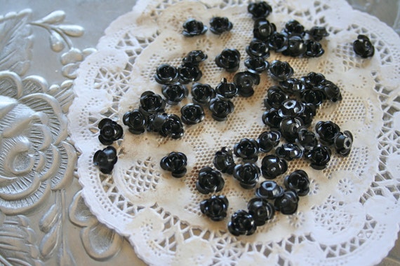 50 Black Goth Roses, Tiny Metal Rose Beads