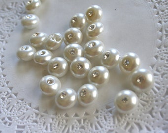 12 VINTAGE Pearl  Rhinestone Bitty Buttons