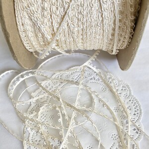 May include: A spool of white, decorative trim with a scalloped edge. The trim is made of a soft, flexible material and has a delicate, feminine look.