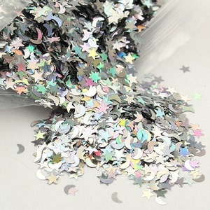 Glitter, Cosmetic, STARS & MOONS Glitter Confetti, Gold, Silver, Solvent Resistant, Nail Glitter