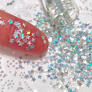 Silver Holographic Stars Glitter: Solvent Resistant Cosmetic Sequins