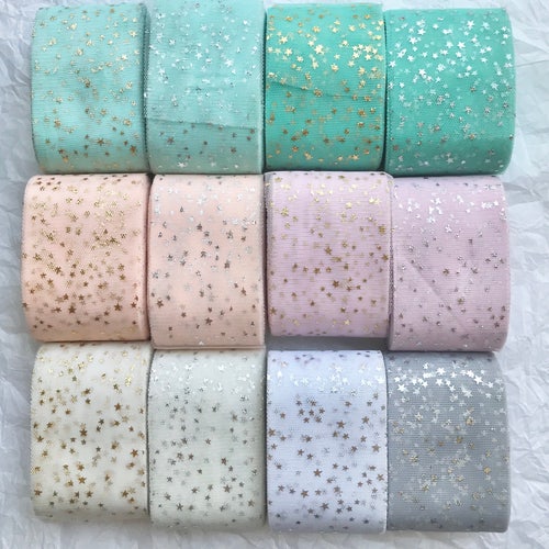 2.5” Baby Tulle, GOLD STARS TULLE, Mesh Ribbon, Many Colors