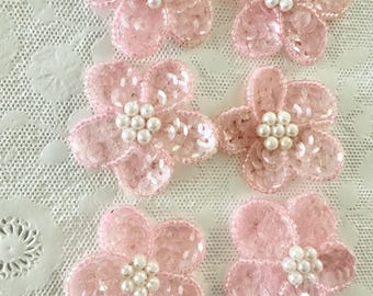 Pink Beaded and Sequined Flower 6 Applique with Pearls; Tutus, Ballerina, Costumes