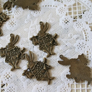 5 Antique Bronze White Rabbit Charms, Alice in Wonderland