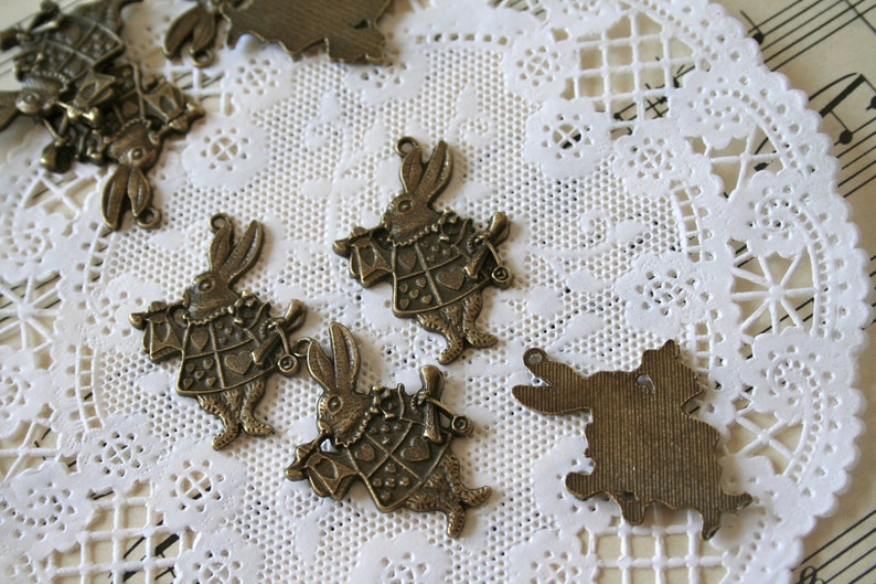 5 Antique Bronze White Rabbit Charms, Alice in Wonderland image 1