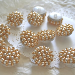 2 Vintage Gold Glass Beaded Pearl Shank Buttons (26mm)