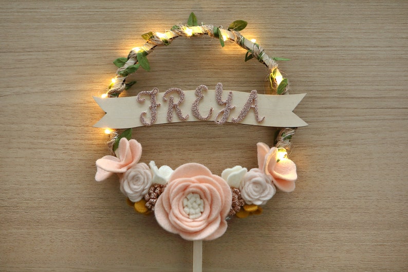 Customise Name Light CAKE TOPPER Light Floral Felt Cake Topper Flower Cake Topper Baby Shower Cake Topper Wedding cake topper image 2