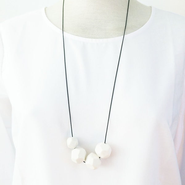 Minimalist porcelain necklace with faceted beads, long white porcelain necklace, simple ceramic necklace, modern ceramic jewelry gift