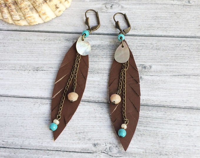 Brown leather feather earrings - boho leaf earrings