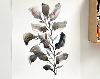 Acuarela botánica abstracta original, hojas sueltas minimalistas, pared de arte casero moderno, regalo amante de las plantas