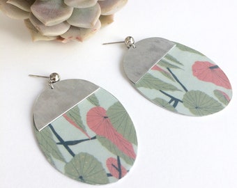 Geometric floral earrings - tropical leaf oval earrings