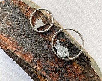 Nature-Lover's Dream: Mismatched Bird and Flower Studs in Open Circle, Modern Minimalist Earrings, Nature Lover Gift