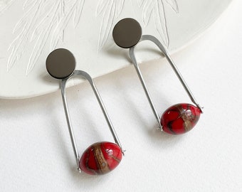 Long large dangling red earrings, statement arch earrings, modern unique jewelry, gift for her