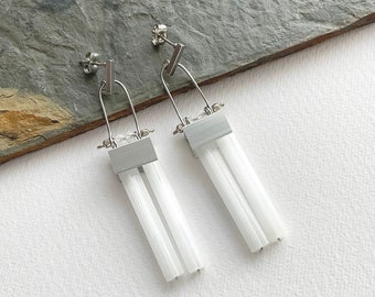 Statement tube beads arch earrings, modern long dangling glass earrings, aluminum fashion jewelry, gift for her