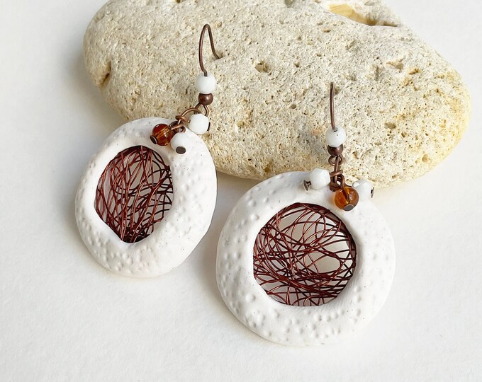 Modern statement unique clay earrings, dangling circle copper earrings