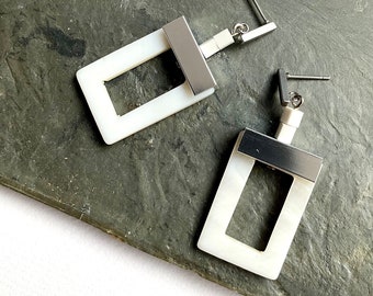 Modern geometric mother of pearl earrings, statement white earrings, unique jewelr gift