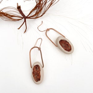 Cocoon copper dangling earrings, statement polymer clay earrings , modern sculptural earrings, contemporary jewelry image 1