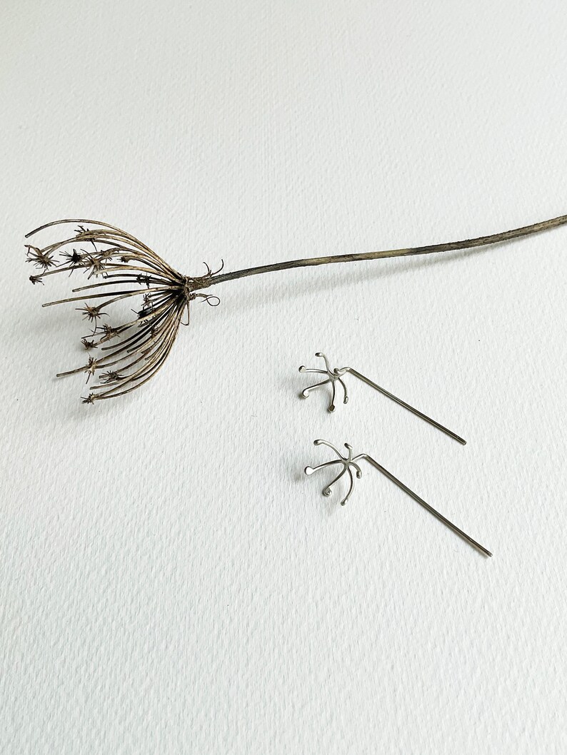 Minimalist dandelion seed bar earrings, modern wild flower earrings, everyday silver earrings, simple floral jewelry, gift for her image 5