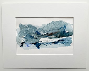 Abstract blue mountain landscape, Original abstract watercolor, nature lovers gift, modern minimalist decor