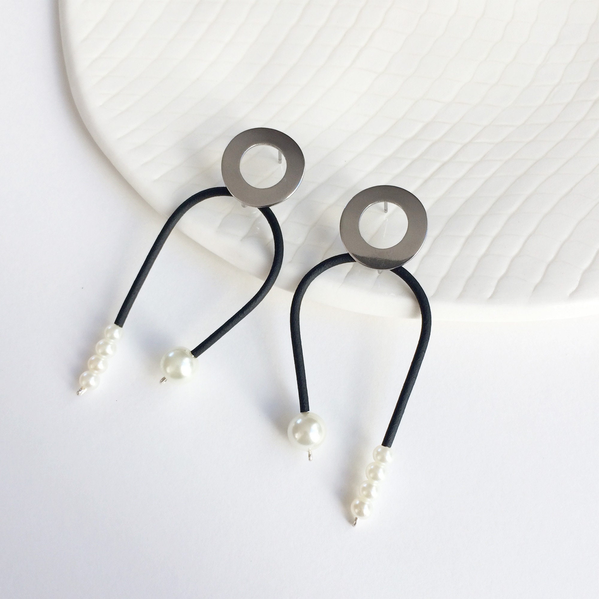 Statement asymmetrical pearl earrings arc earrings
