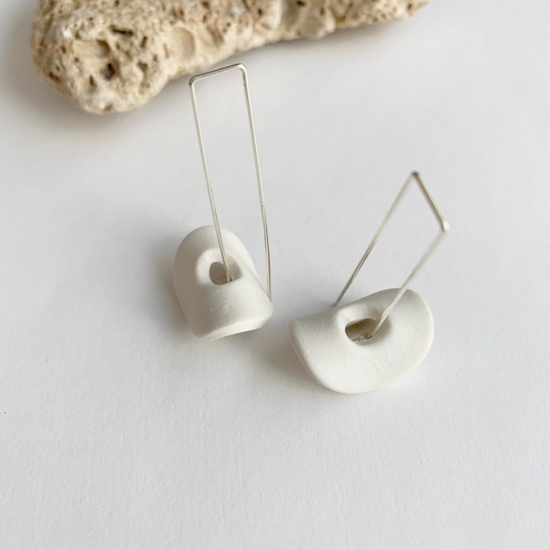 Statement geometric porcelain earrings, ceramic half moon earrings, unique minimalist earrings, modern jewelry, gift for her image 4