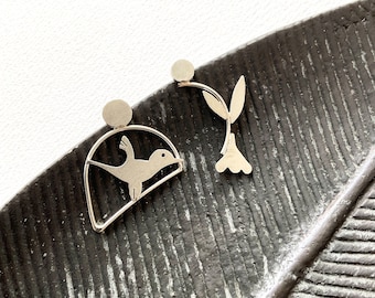 Nature-inspired Bird and Leaves Mismatched Stud Earrings, Modern Artistic Silver Jewelry for Nature Lovers