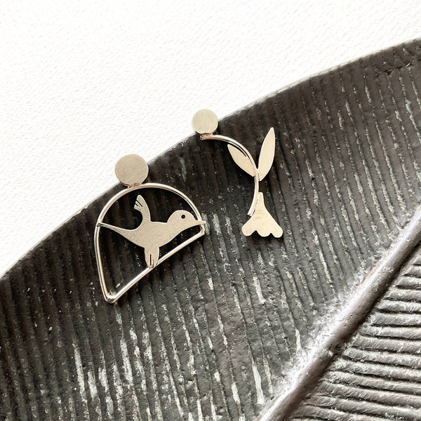 Nature-inspired Bird and Leaves Mismatched Stud Earrings, Modern Artistic Silver Jewelry for Nature Lovers