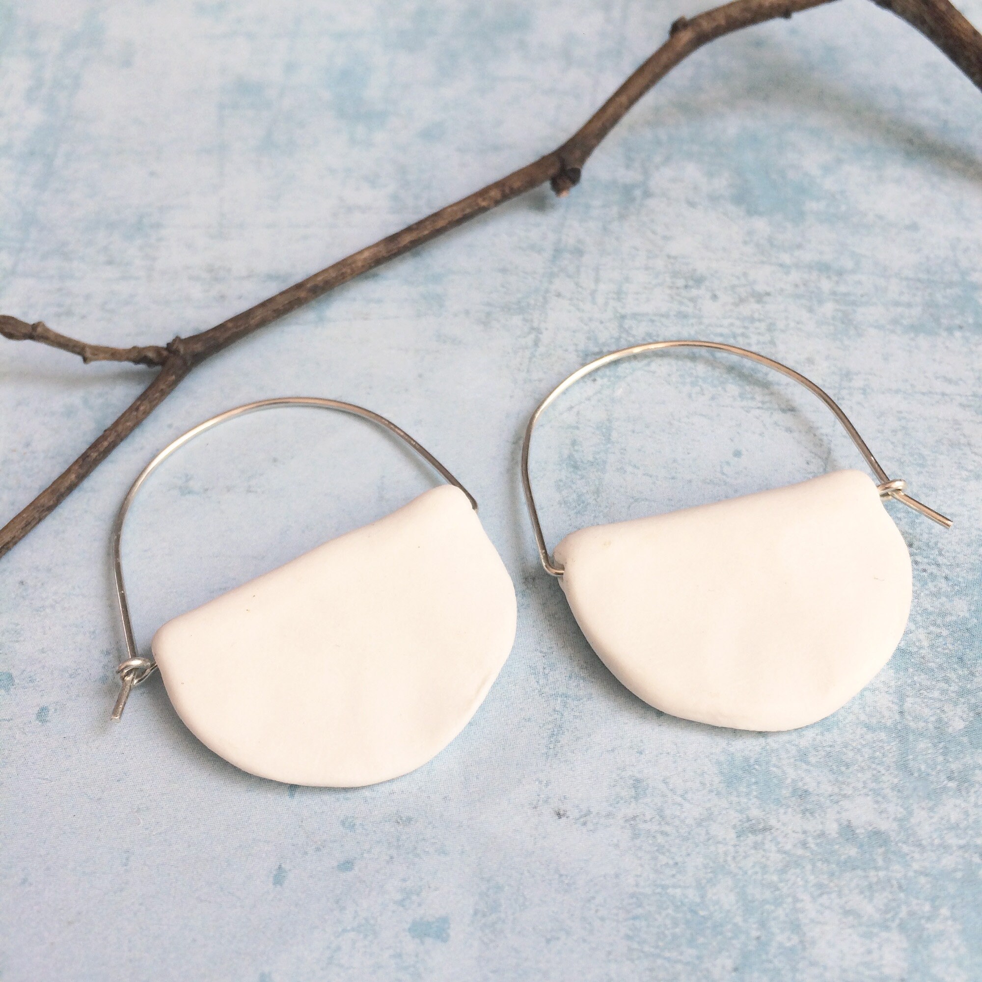 Porcelain hoop earrings - half moon ceramic earrings