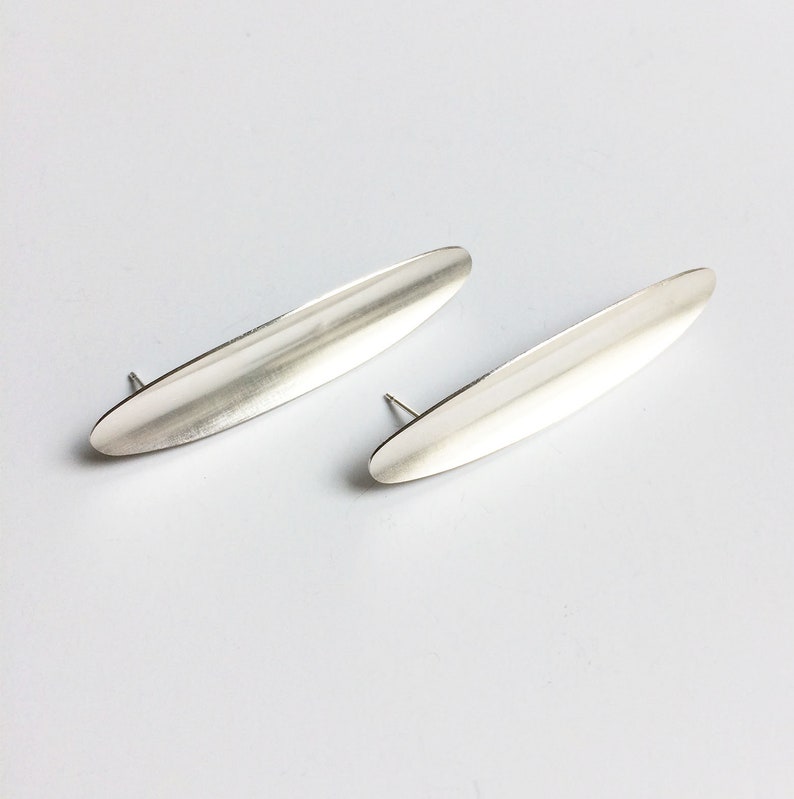 Modern minimalist long oval stud earrings, silver leaf bar silver earrings, contemporary geometric simple jewelry, gift for her image 10