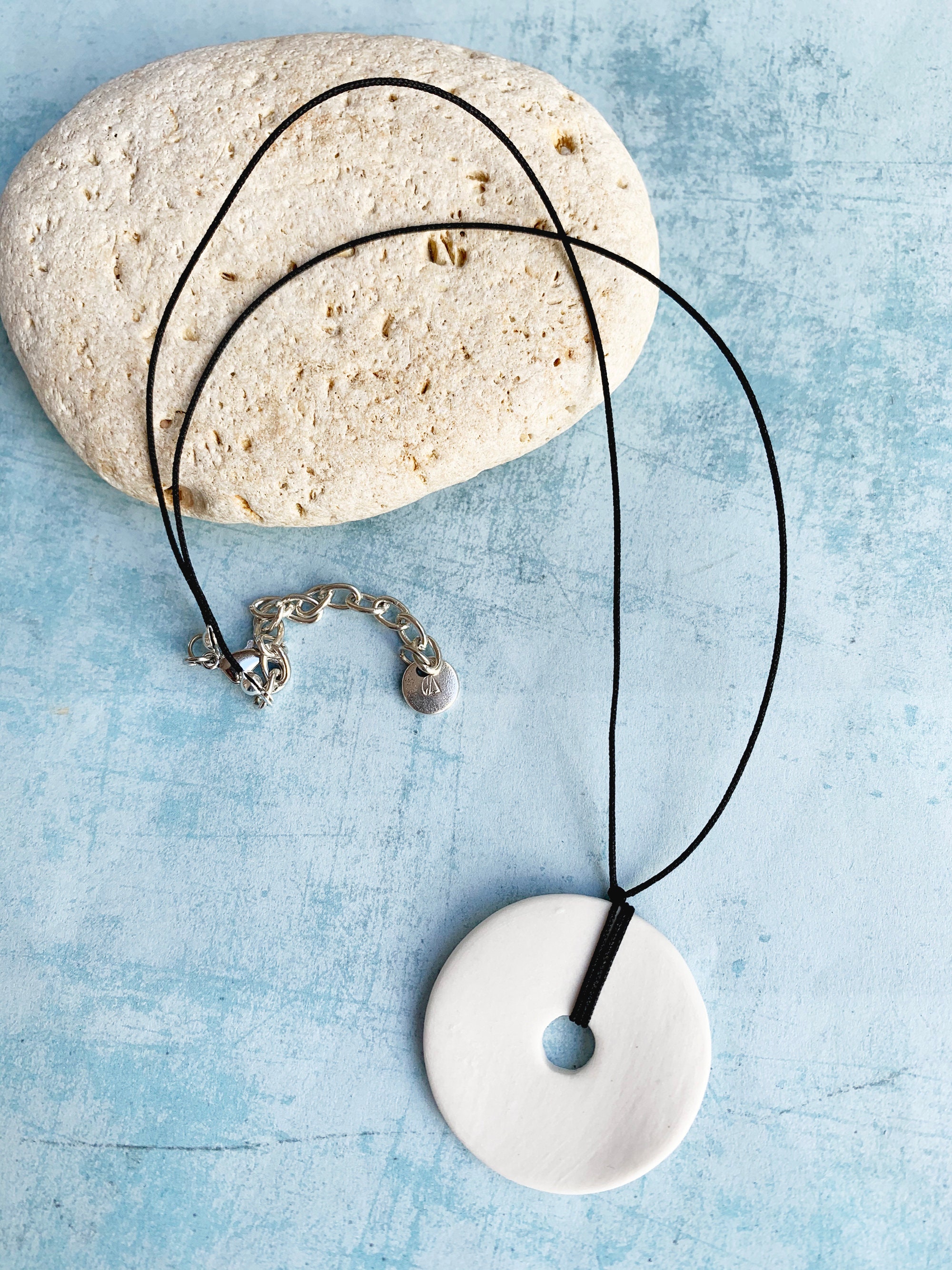 Short minimalist circle necklace, white porcelain circle pendant