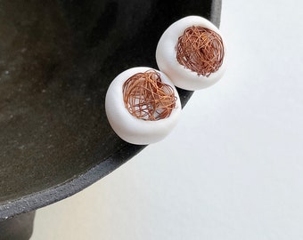 Modern unique clay earrings, cocoon copper earrings