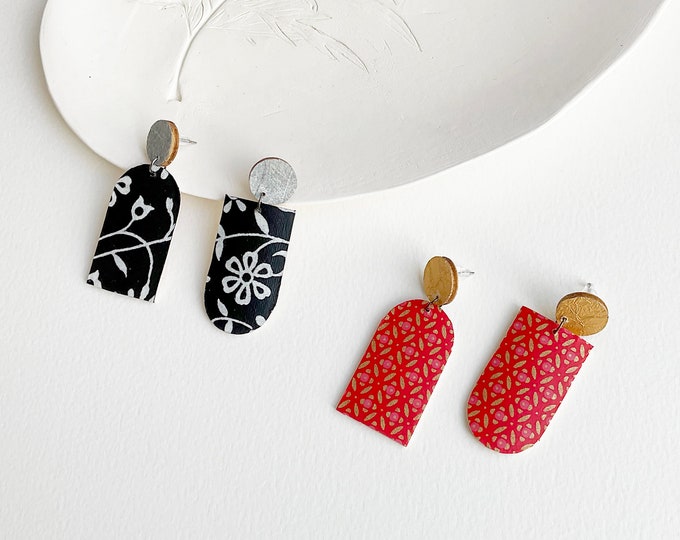 Statement asymmetrical drop arch earrings, large wood and paper earrings