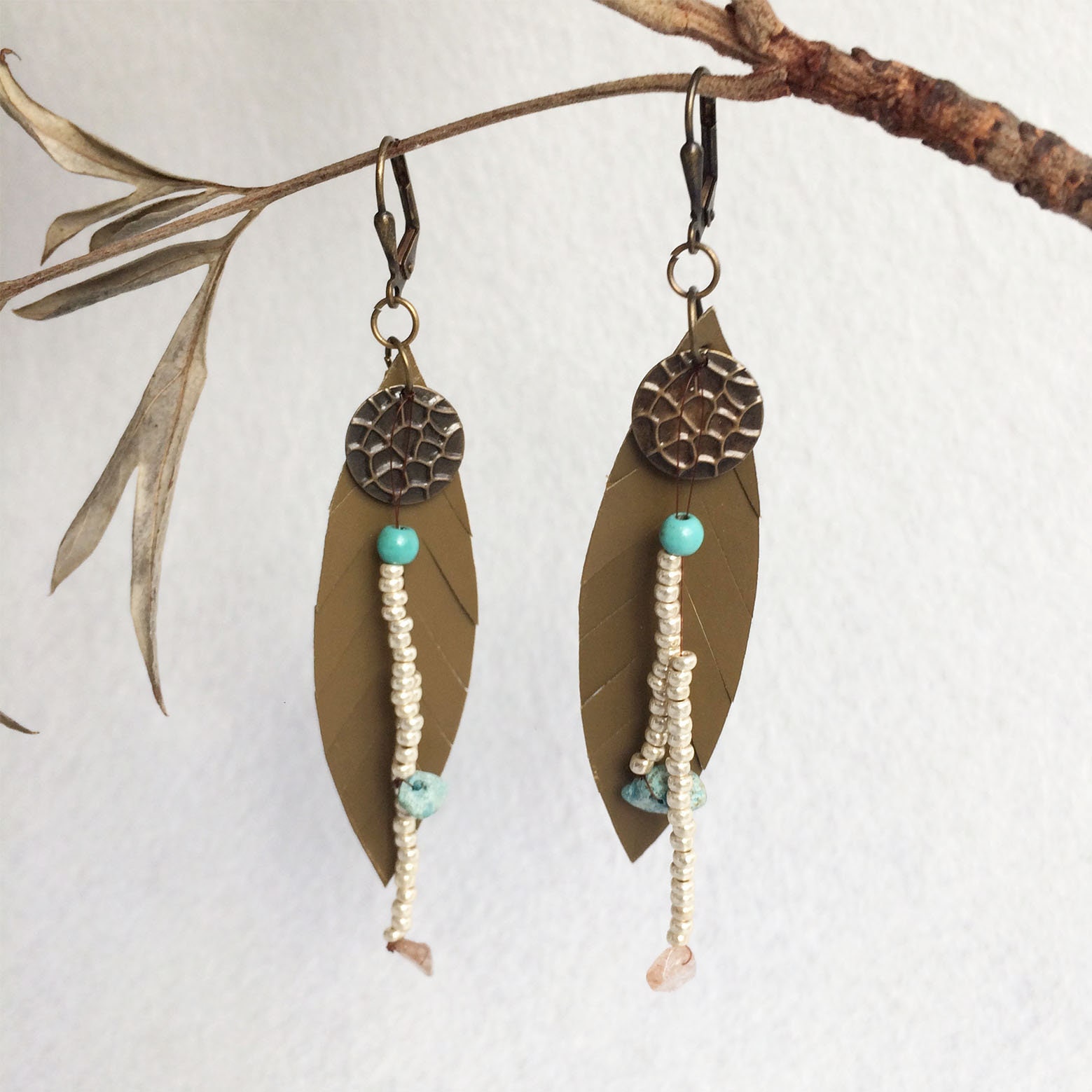 Leather feather earrings - bohemian leaf earrings