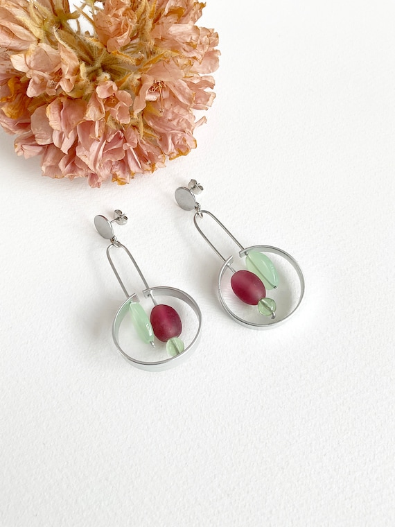 Geometric dangling asymmetrical earrings, statement beaded circle earrings, aluminum fashion jewelry, gift for her
