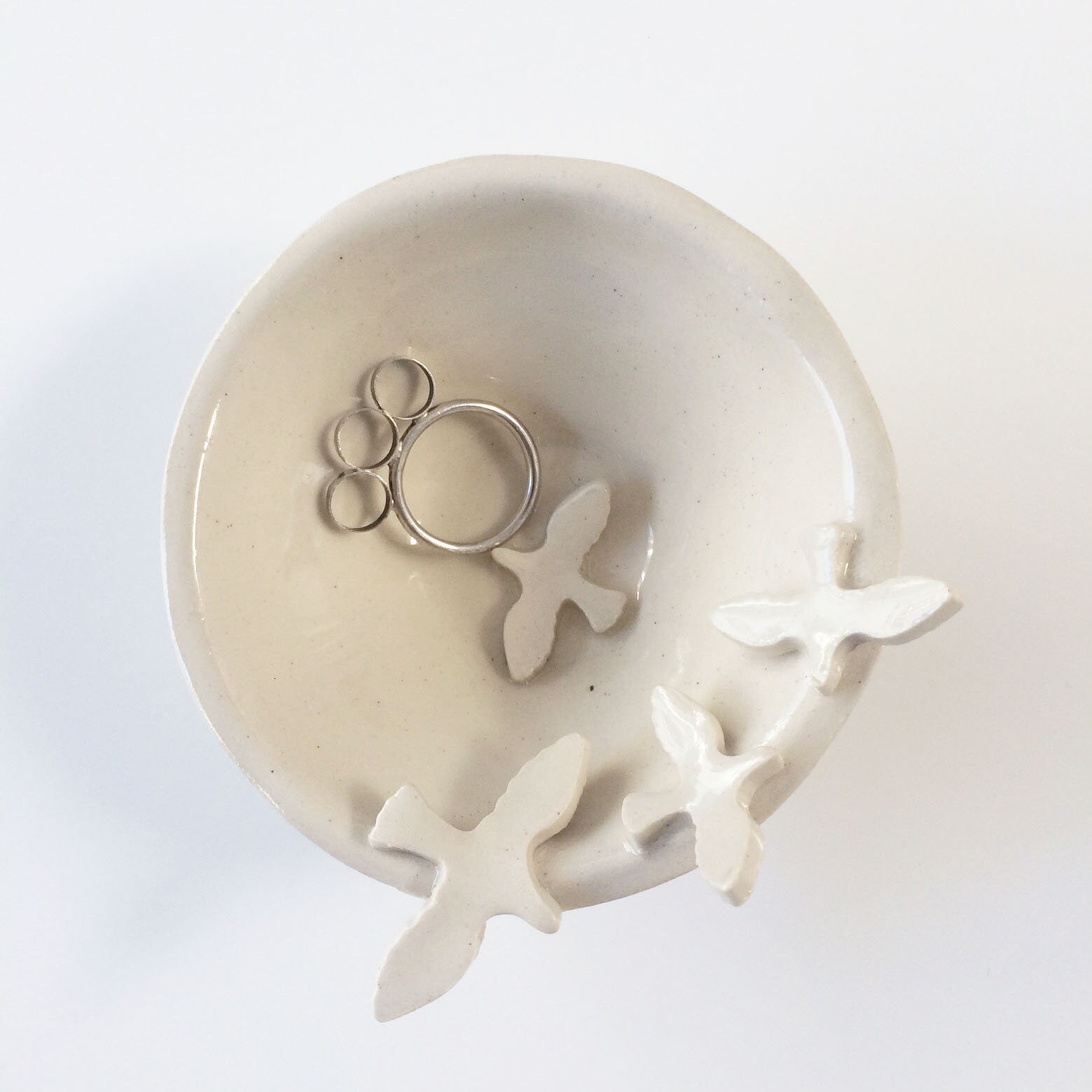 Small ring dish with flying birds jewelry dish white stoneware