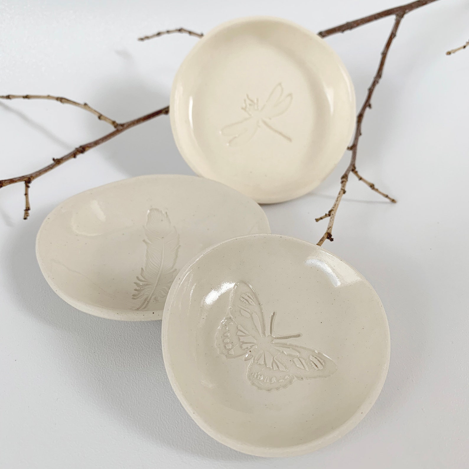 Set of 3 Ceramic Jewelry Dish Dragonfly Ring Older Nature Etsy