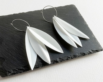Statement recycled hoop earrings with pendant leaves, modern unique earrings, contemporary jewelry, gift for her