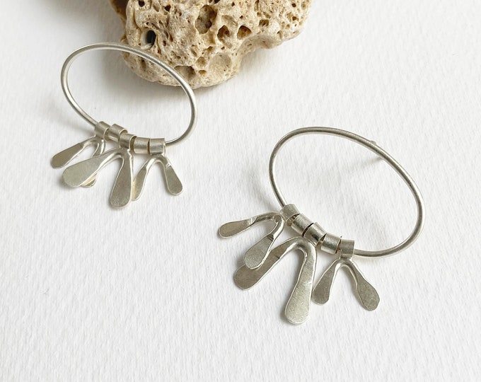 Featured listing image: Modern silver oval earrings with fringe, abstract floral earrings