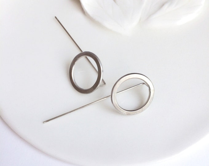 Bar open circle earrings - minimalist geometric earrings - sterling silver stick earrings
