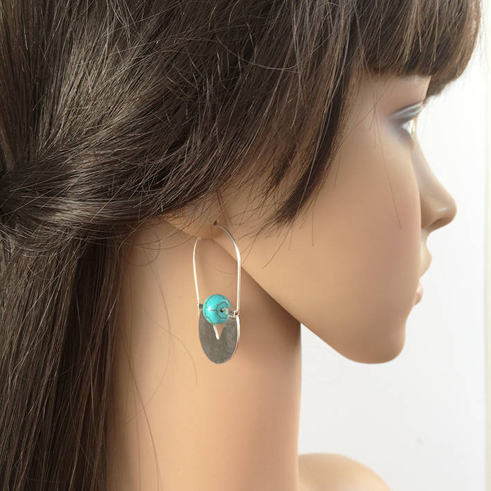 Sterling silver tribal hoop earrings turquoise earrings geometric
