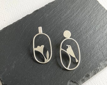 Bird and Flower Mismatched Stud Earrings, Unique Asymmetrical Silver Earrings, Poetic Modern Jewelry for Nature Lovers