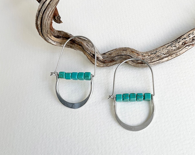 Statement turquoise hoop earrings, modern aluminum earrings