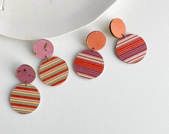 Statement striped big circle stud earrings, modern geometric colorful paper earrings