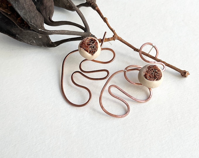 Statement abstract copper earrings, mismatched big wavy unique earrings