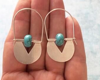 Sterling silver tribal hoop earrings - turquoise earrings - geometric earrings - ethnic earrings -contemporary jewelry -geometric jewellery