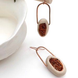 Cocoon copper dangling earrings, statement polymer clay earrings , modern sculptural earrings, contemporary jewelry image 5