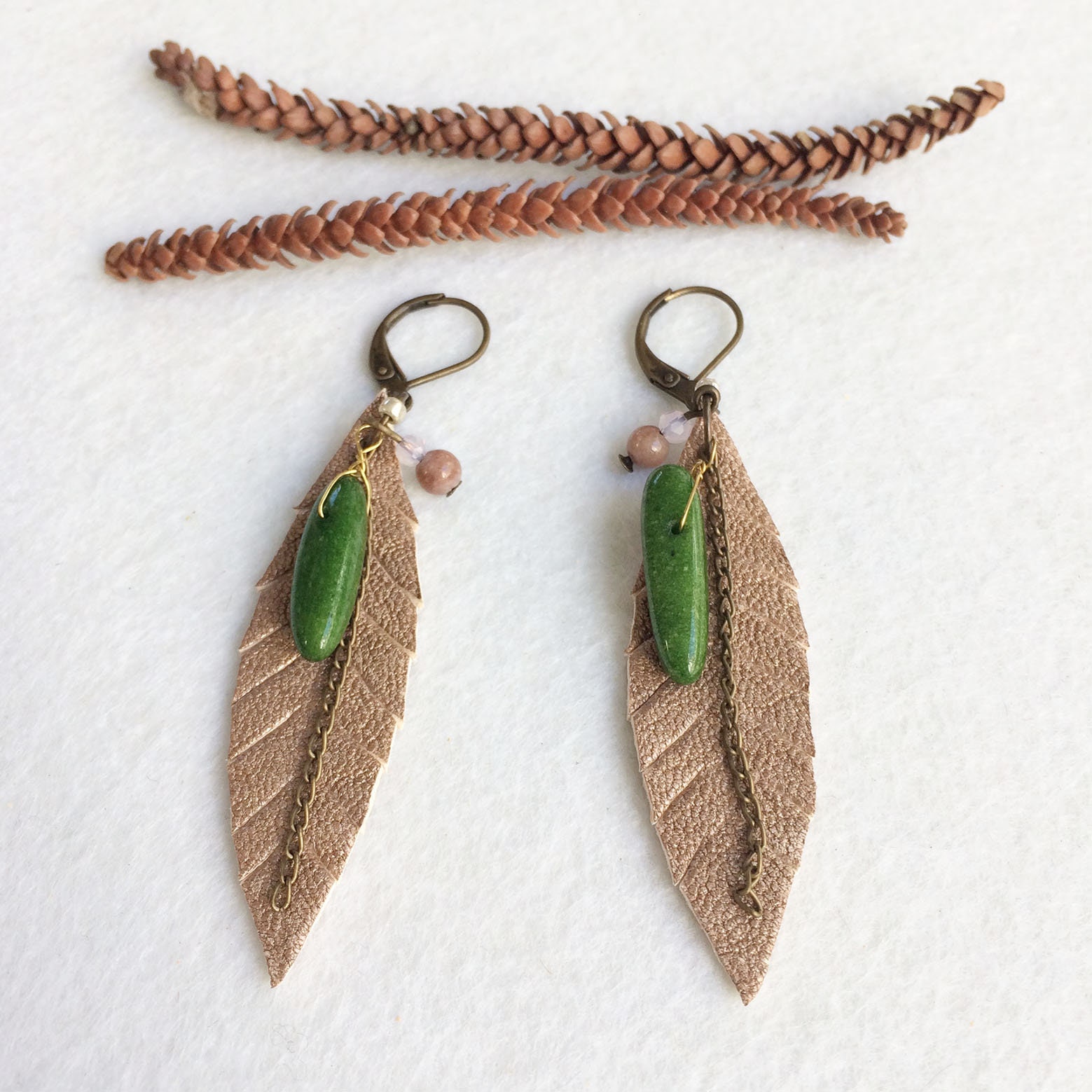 Gold leather feather earrings - bohemian earrings - green stone earrings - beach jewelry ...