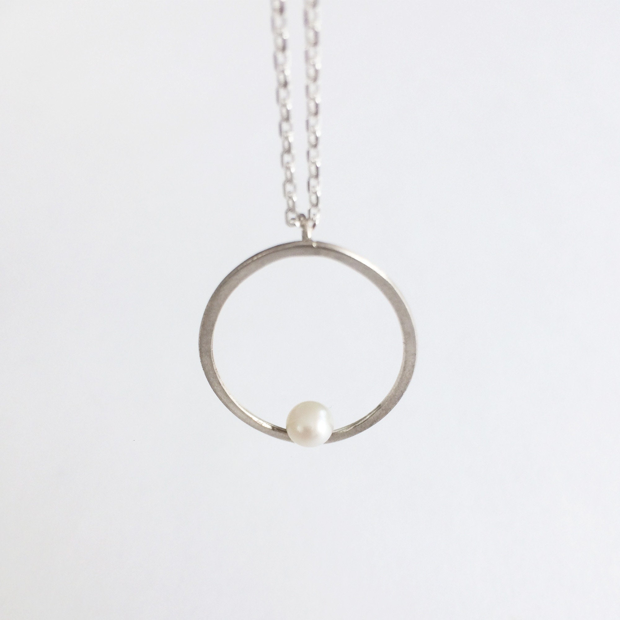 Open circle pendant necklace with pearl minimalist freshwater pearl