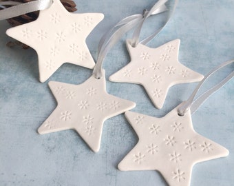Star ornament white porcelain - set of decorative ceramic star to hang
